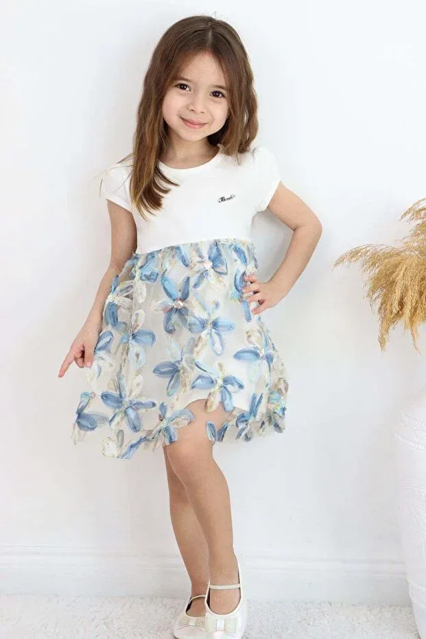 Детское платье для девочек с цветочным принтом 3D Daisy Flower Applique And Sequin Detail Breeze, Ecru