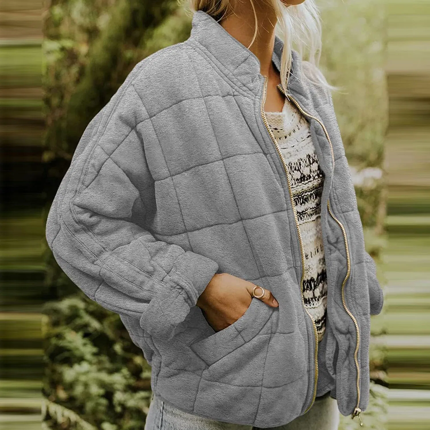 Женское стёганое пальто с воротником-стойкой и молнией, Grigio — фото 2