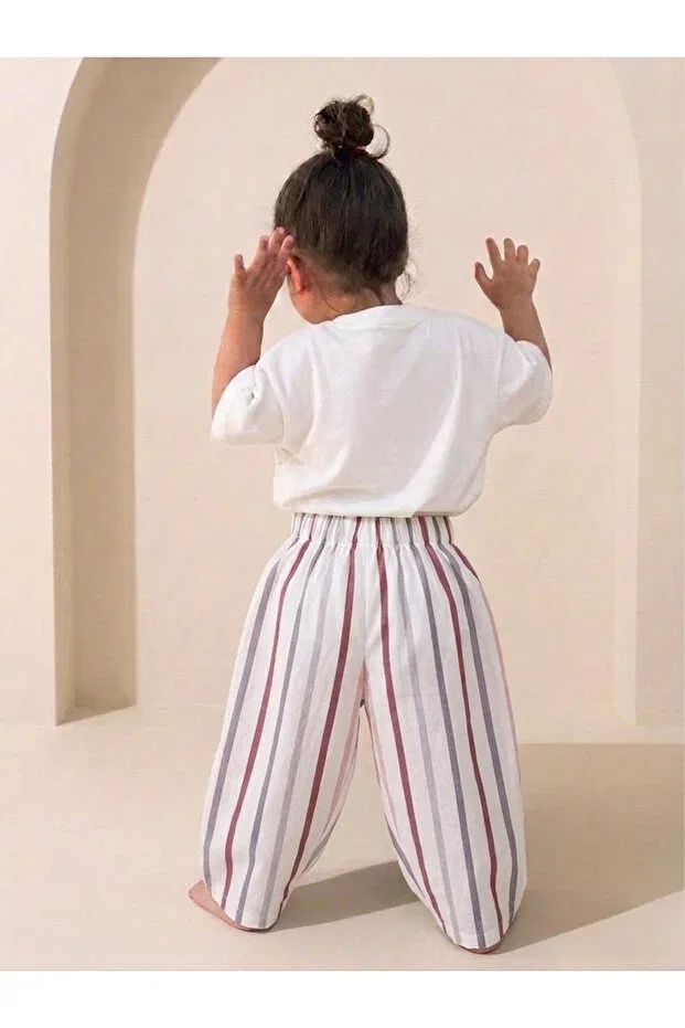 Детские брюки-багги для девочек хлопковые Elibaby, Burgundy Stripes