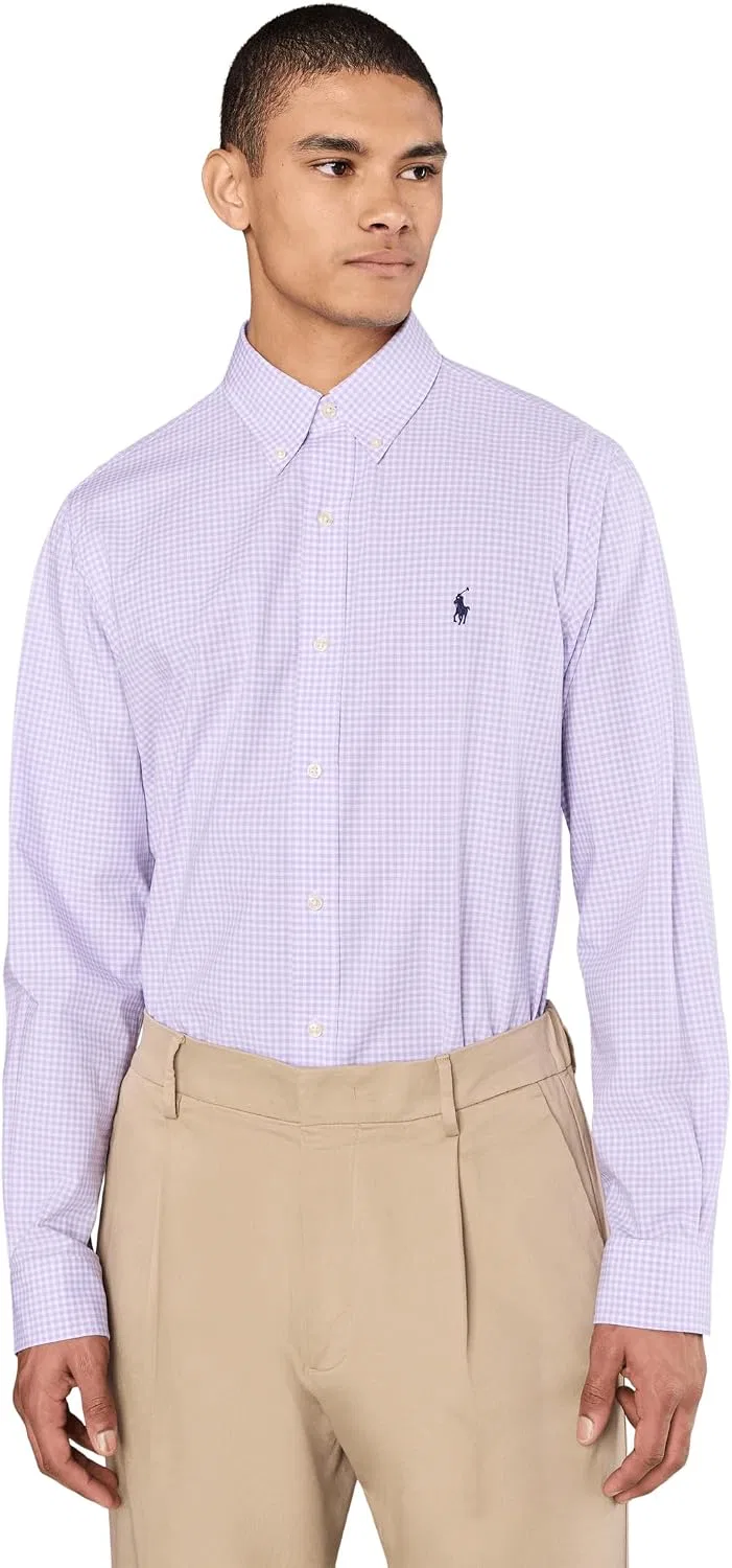 Мужская рубашка классического кроя с принтом в клетку Classic Fit Gingham Stretch Poplin POLO RALPH LAUREN, светло-лиловый/белый