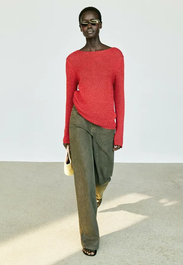 Свитер из хлопка Boat neck knit sweater Massimo Dutti, красный — фото 2