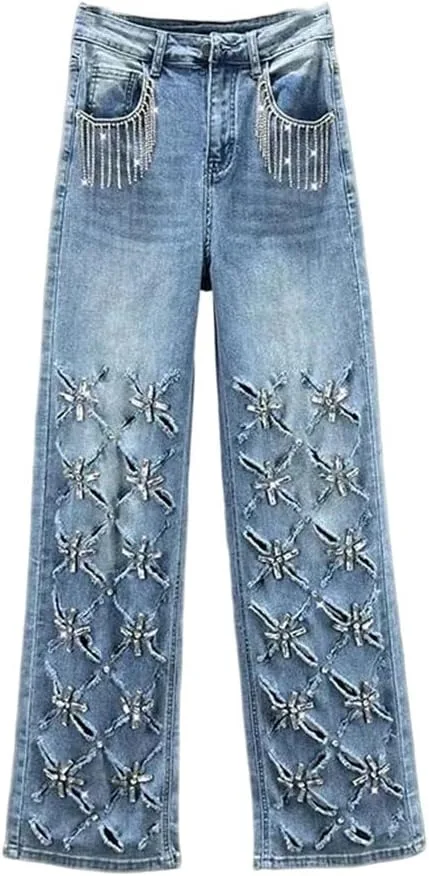 

Женские рваные джинсы прямого кроя в европейском стиле с бахромой и стразами