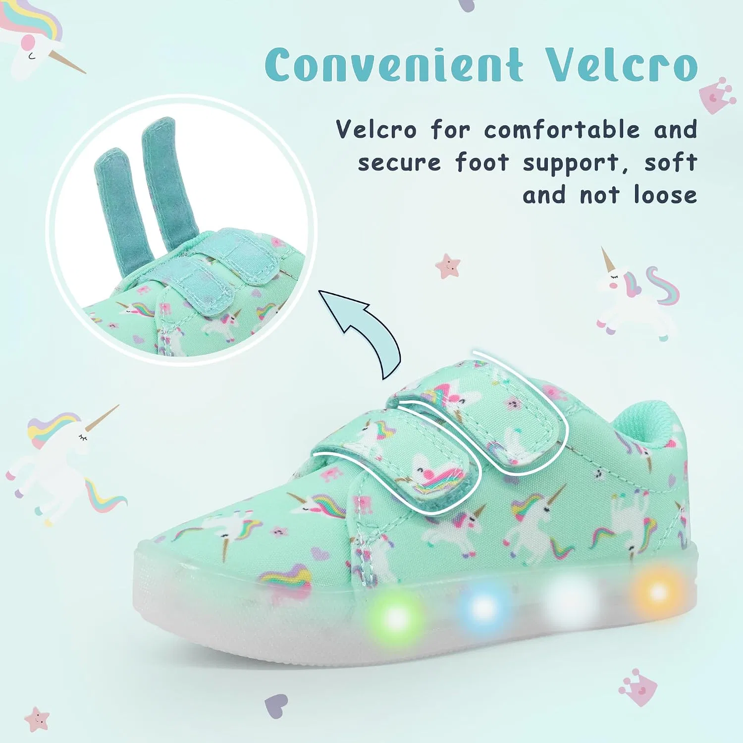 Детские кроссовки для девочек со светящейся подошвой Vivaki YESKIS, Mint Green Unicorn Light Up Shoes — фото 3