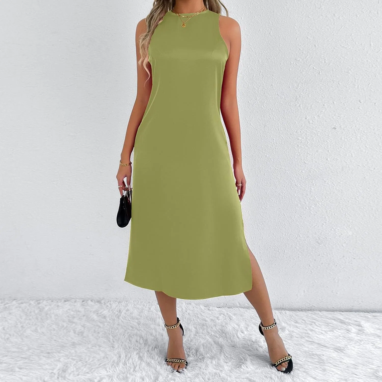 Женское сатиновое платье миди Bodycon с разрезом, Green — фото 2