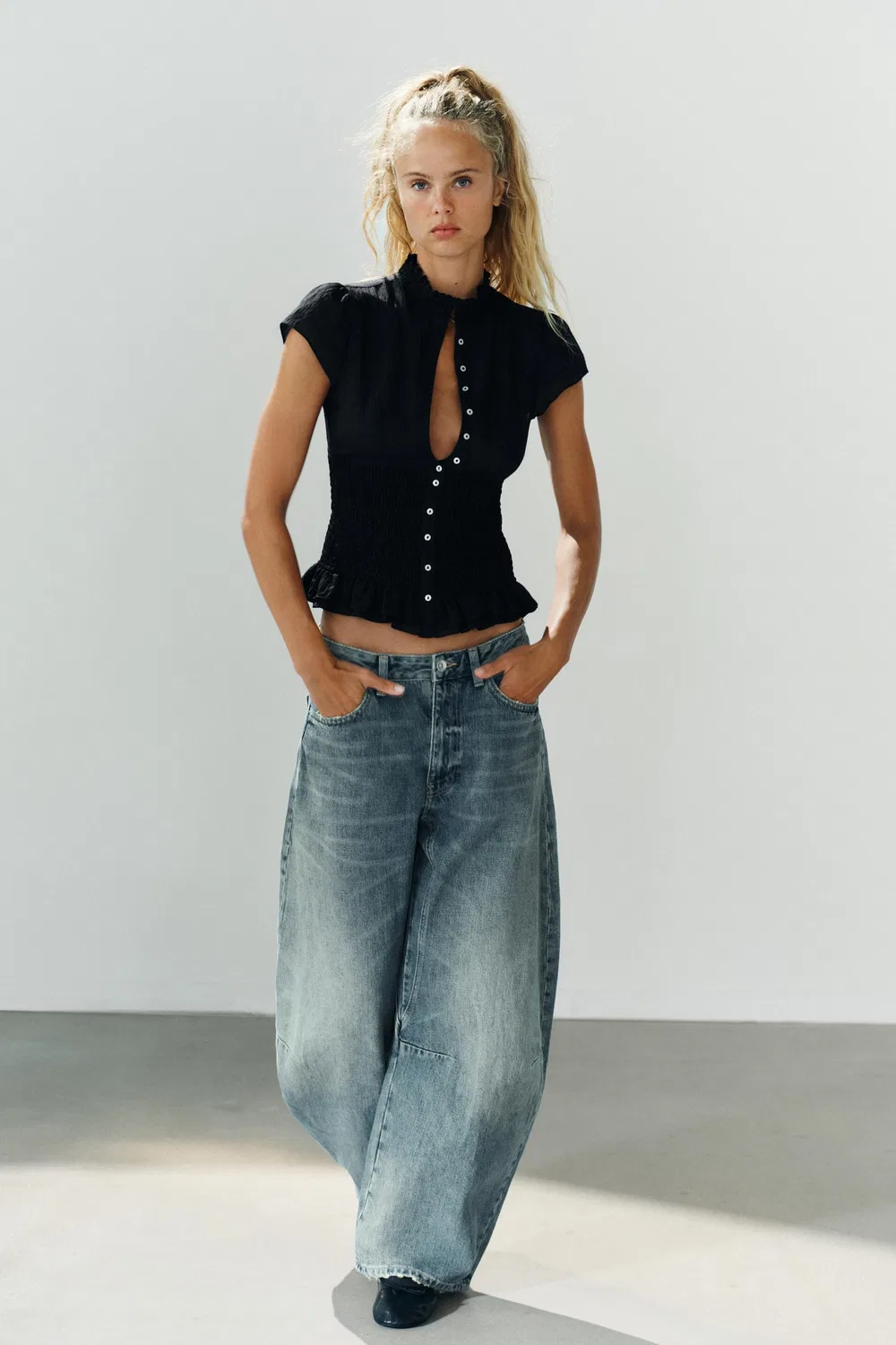 Рубашка с присборенными оборками ZARA, Black