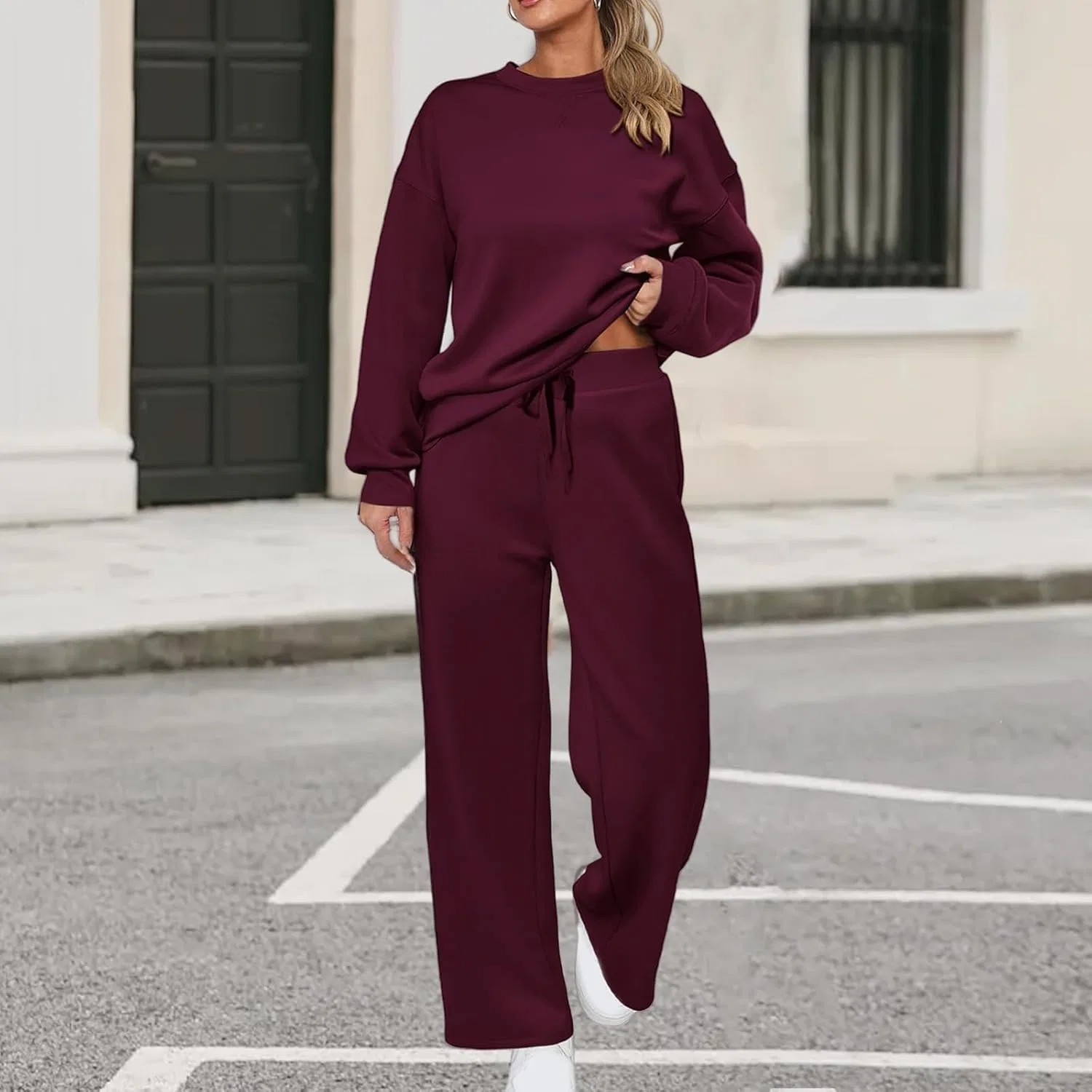 Спортивный костюм женский 2 Piece Fleece два предмета с Crewneck худи и джоггерами Y2K Generic, C010- Wine — фото 2