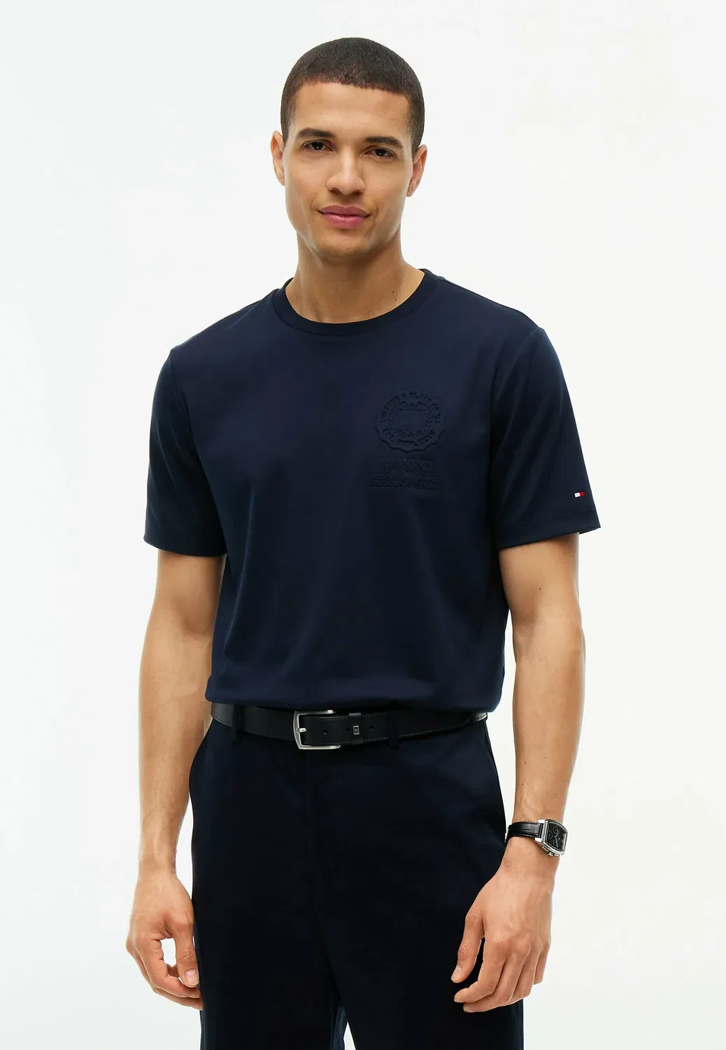 Футболка из трикотажа с тисненым логотипом - базовая футболка Tommy Hilfiger, Navy Blue