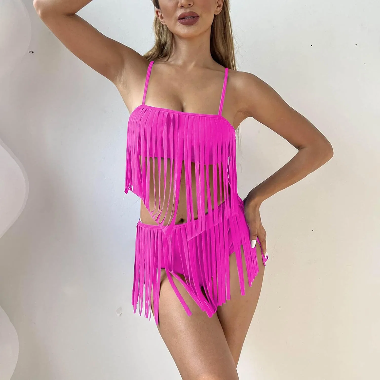 Женский бикини-комплект с бахромой и высокой талией, Hot Pink — фото 2