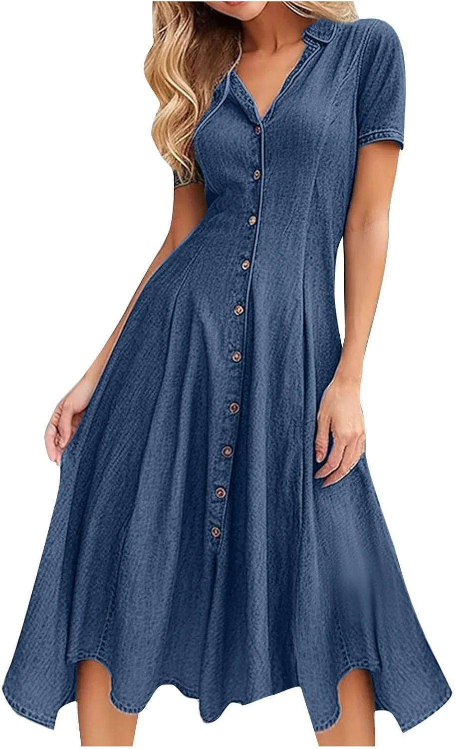 Женское джинсовое платье-рубашка с коротким рукавом, Blue
