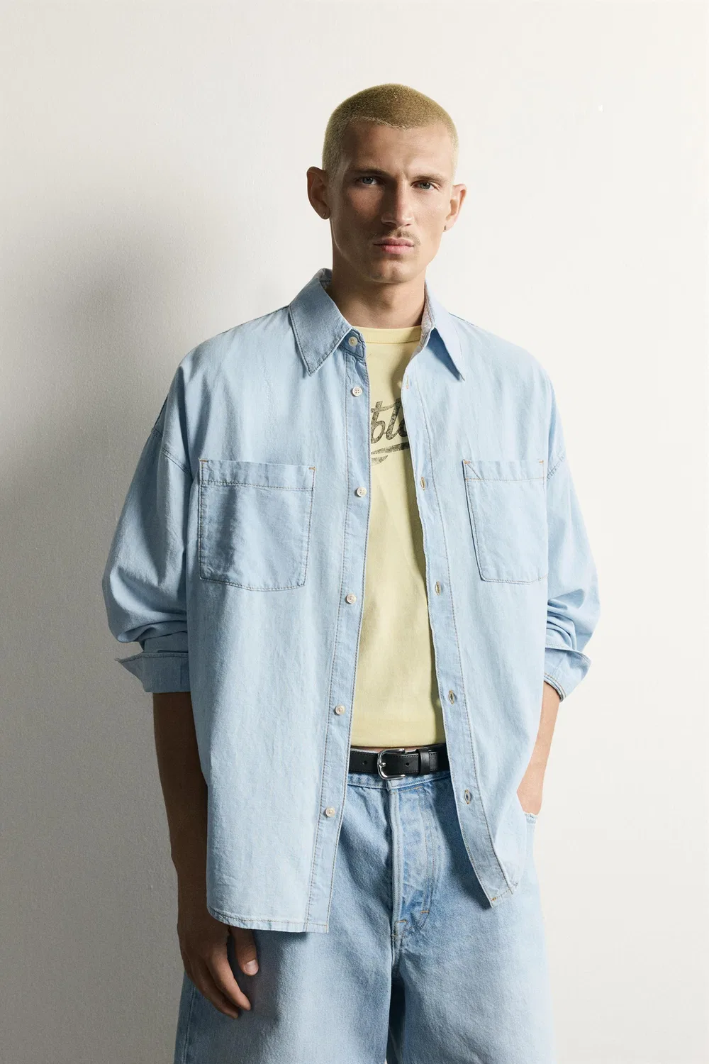 Легкая выцветшая джинсовая рубашка ZARA, Light blue — фото 2