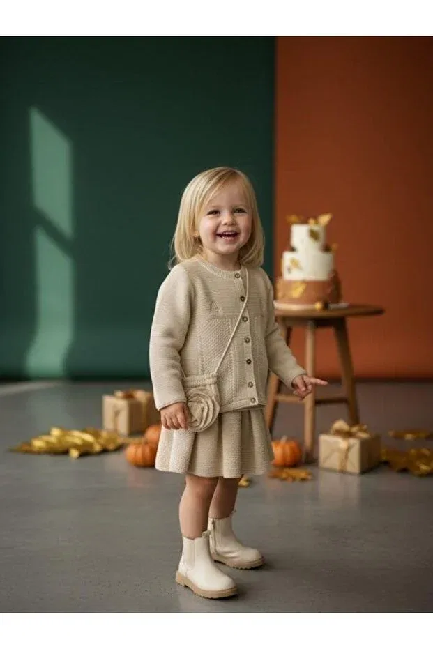 Детский комплект для девочек кардиган и сумка с юбкой Zekids, Beige — фото 3