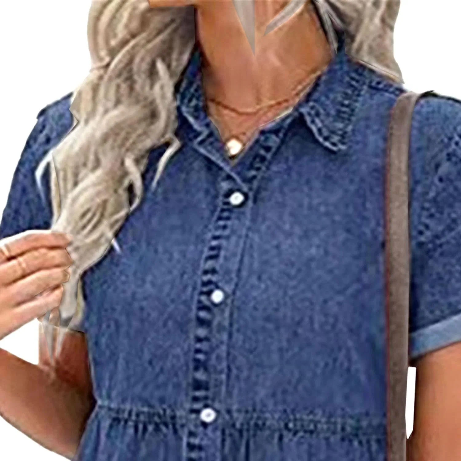 Женское платье из денима с воротником, модель Flowy Tiered Babydoll, тёмно-синий — фото 2