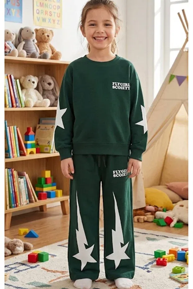 Детский комплект из футера для девочек с принтом звезд Aliş Kids, Green