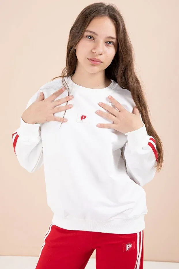 Детский комплект спортивного костюма для девочек с принтом Red Striped Detail Wide Leg Embroidered Girl's Oversized Tracksuit Set Cansın Mini, Red — фото 3
