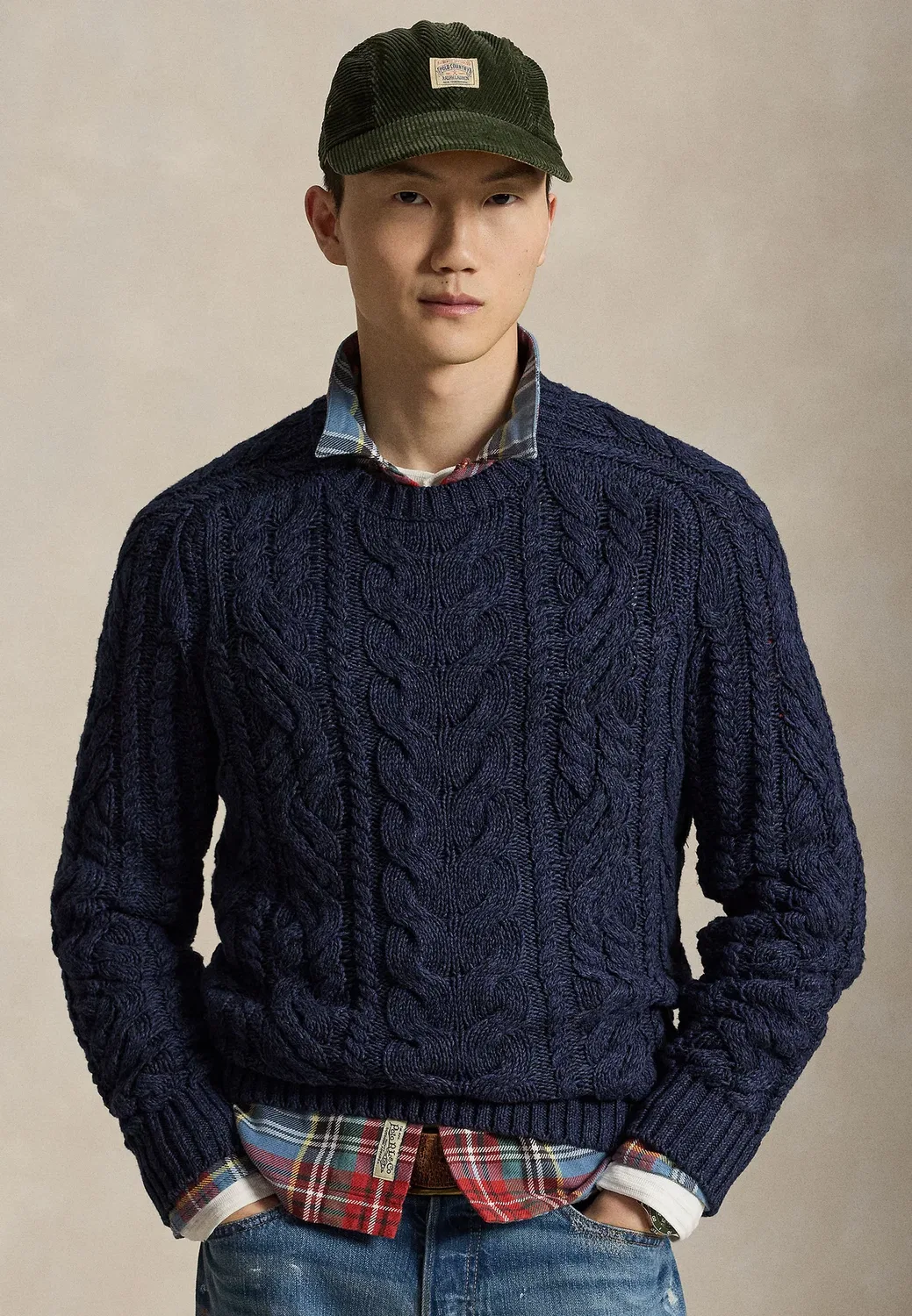 Хлопковый свитер арановой вязки Polo Ralph Lauren, Navy Combo