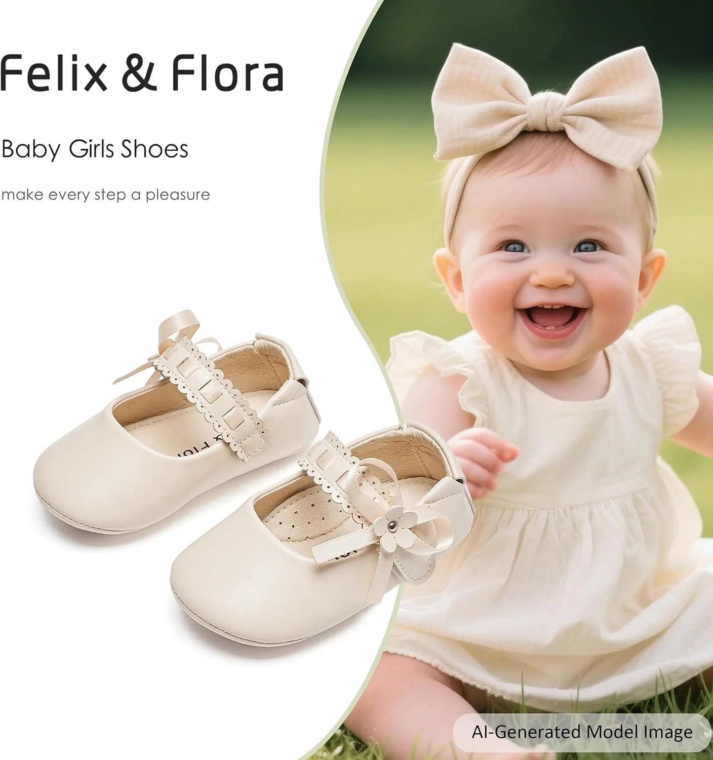 Детские балетки для девочек с мягкой подошвой Felix & Flora, Beige — фото 4