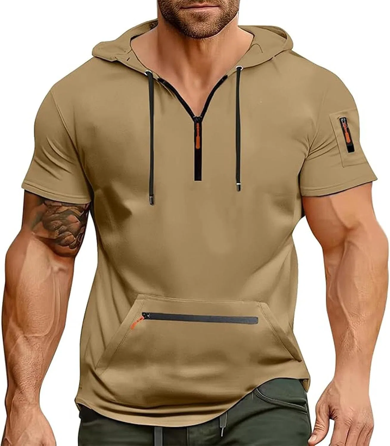 Мужская футболка с капюшоном и карманом, Loose Fit, 2-khaki — фото 2