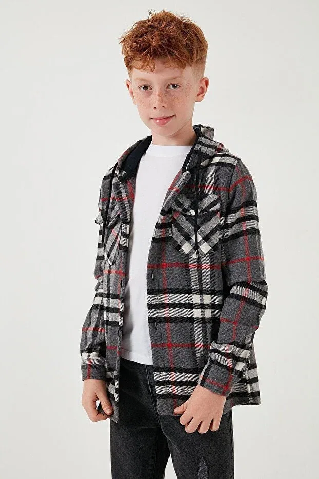 Детская рубашка для мальчиков с длинным рукавом Hooded double pocket plaid lumberjack shirt Lela, Anthracite — фото 2