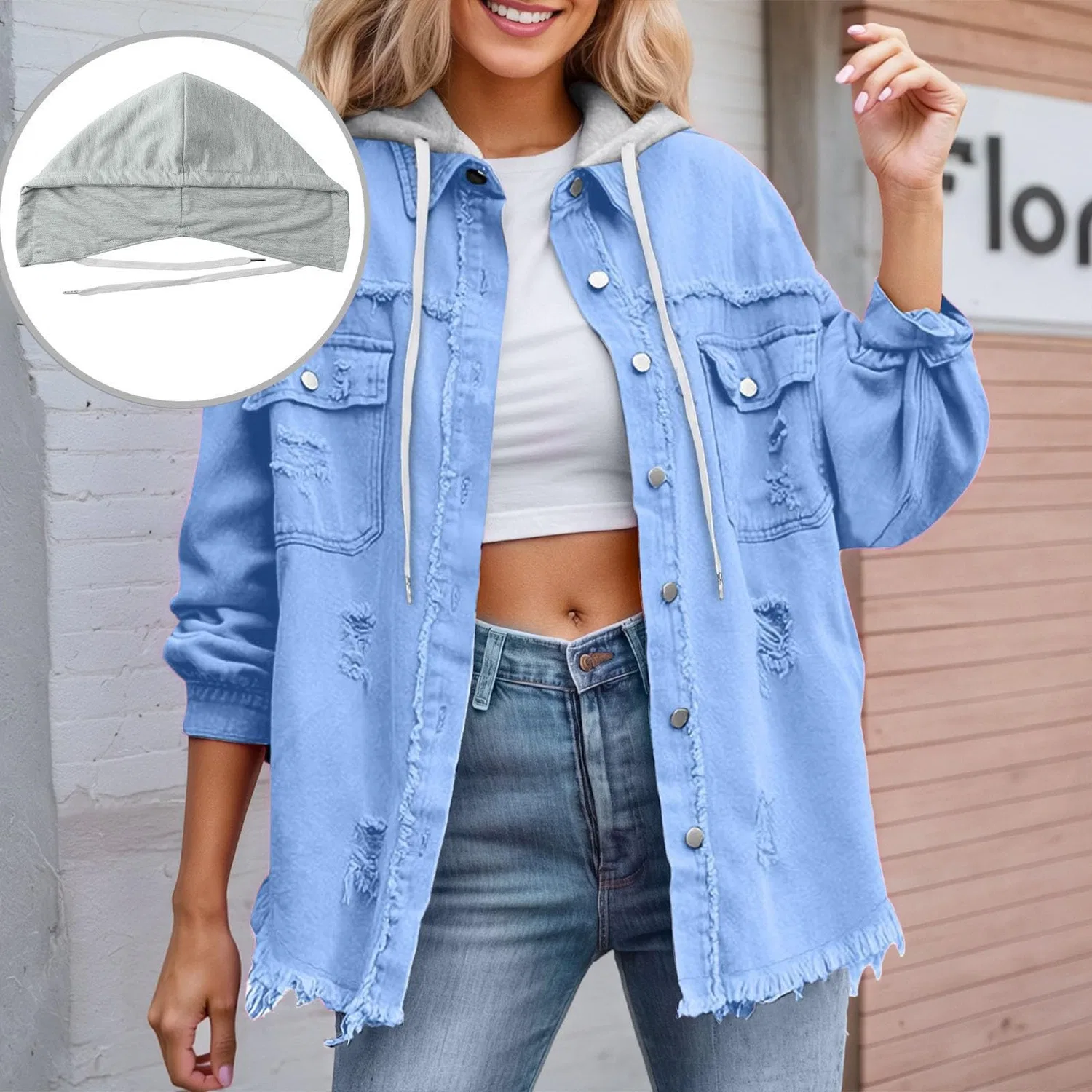 Женская джинсовая куртка oversize с капюшоном, Blu Cielo — фото 3