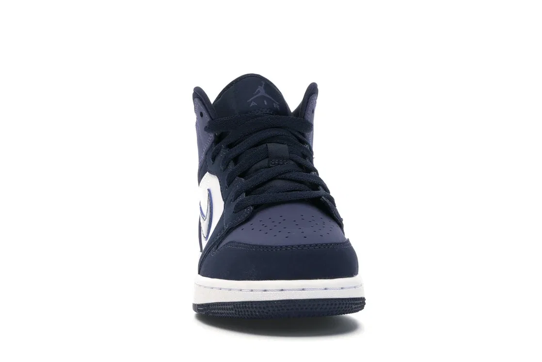Детские кроссовки для мальчиков и девочек кожаные Jordan 1 Mid, Obsidian/Sanded Purple-White — фото 2
