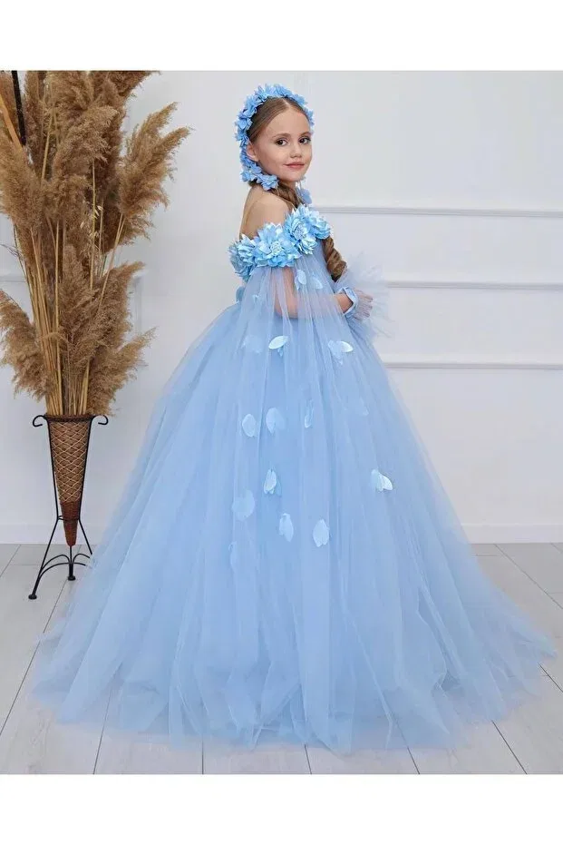 Детское платье для девочек с длинным рукавом Graduation evening dress children's tarlatanlı-buckle_gloves Sila, Blue — фото 3