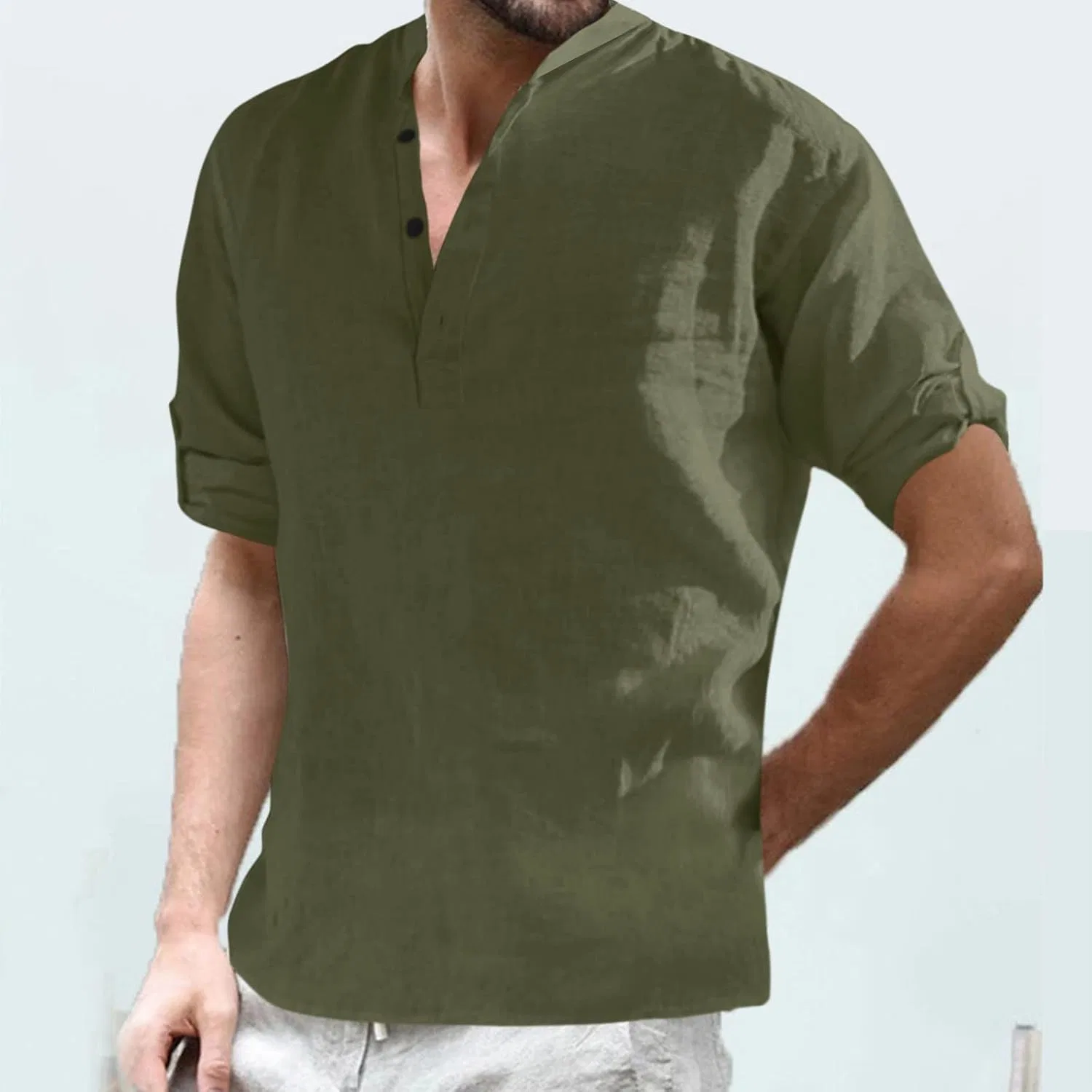 Мужская льняная рубашка-поло с коротким рукавом Lightweight, Army Green — фото 2