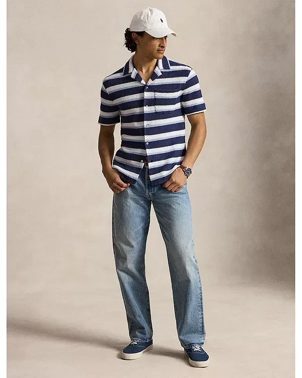Мужская рубашка с воротником-стойкой и узором «елочка» Polo Ralph Lauren, Newport Navy Multi — фото 2