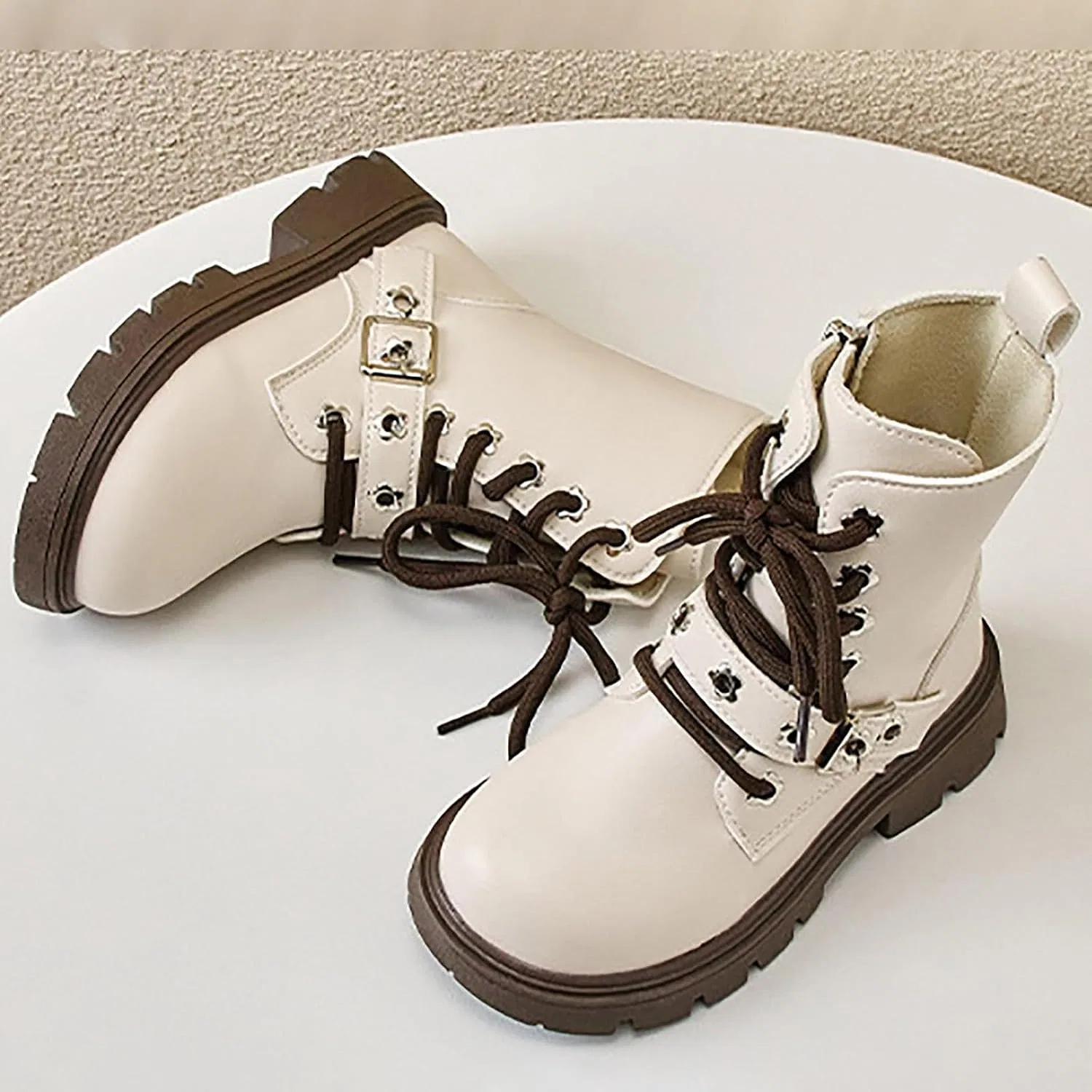 Детские ботинки для девочек с ремешком на пряжке Combat Boots, Beige — фото 3