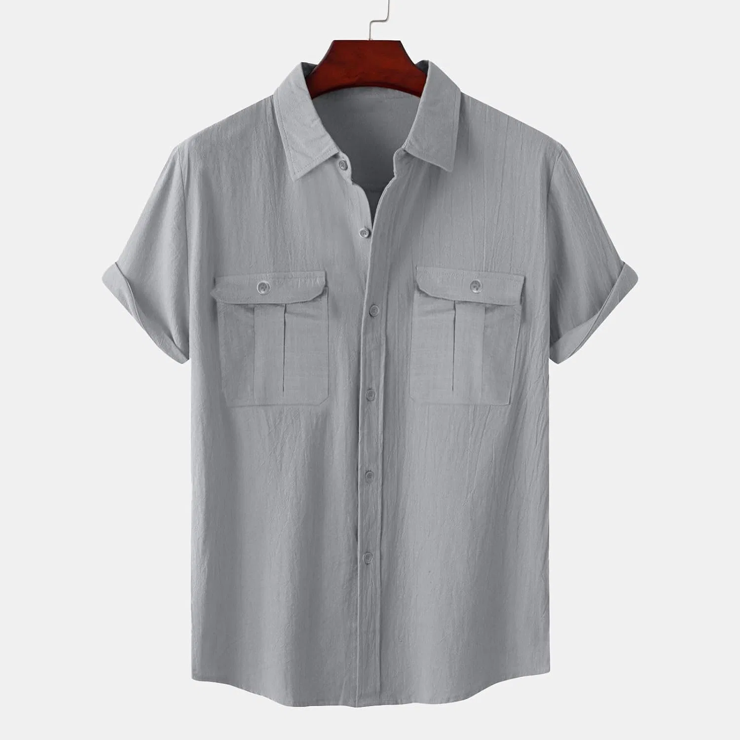 Мужская рубашка из хлопка и льна с коротким рукавом Generic, Gray — фото 3