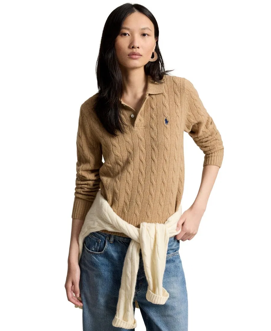 Женский свитер с кабельным узором и длинным рукавом, воротник-поло Polo Ralph Lauren, Collection Camel Melange