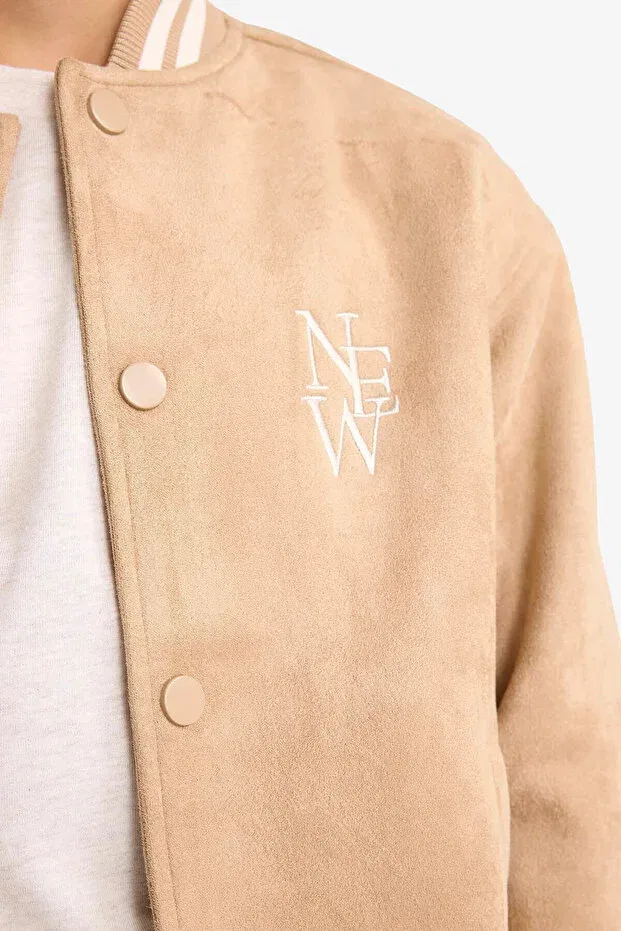 Детское зимнее пальто для мальчиков с вышивкой College Collar Bomber Defacto, Beige-Bg219 — фото 4
