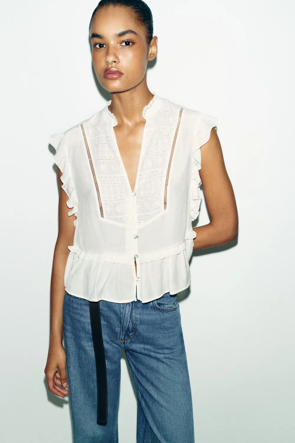 Топ с вышитыми оборками ZARA, White