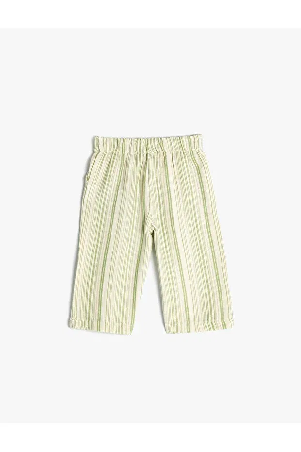 Детские брюки для девочек с широкой штаниной, с завязками, Koton, Green Striped — фото 2