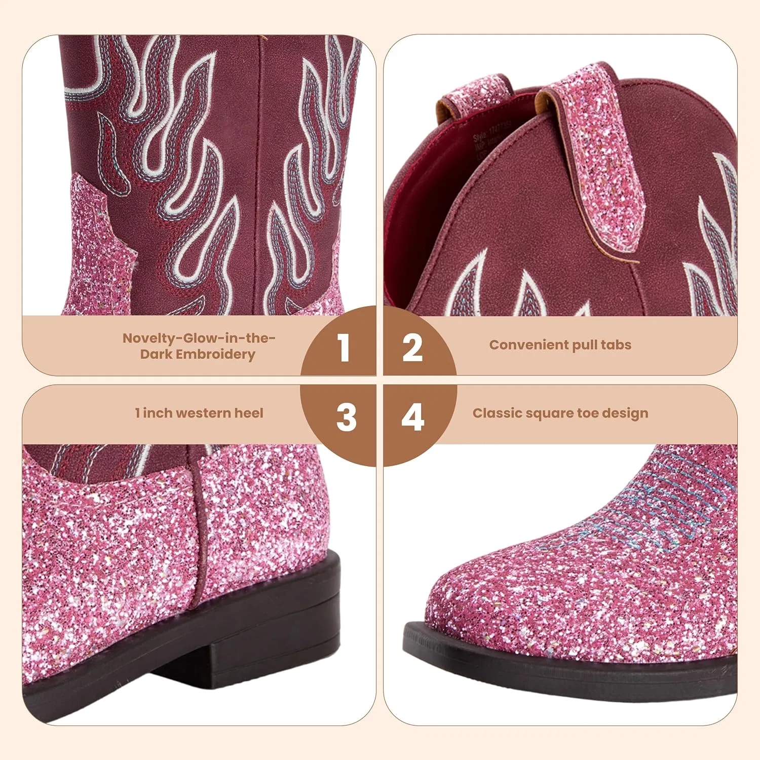 Детские сапоги для девочек с принтом Cowboy Boots PATPAT, Glitter Pink — фото 4
