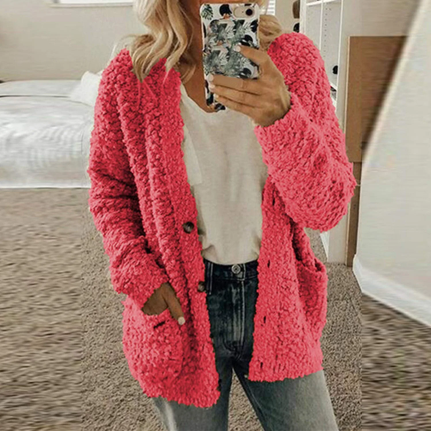 Женское пальто с капюшоном и молнией, кардиган на пуговицах, rosa — фото 2