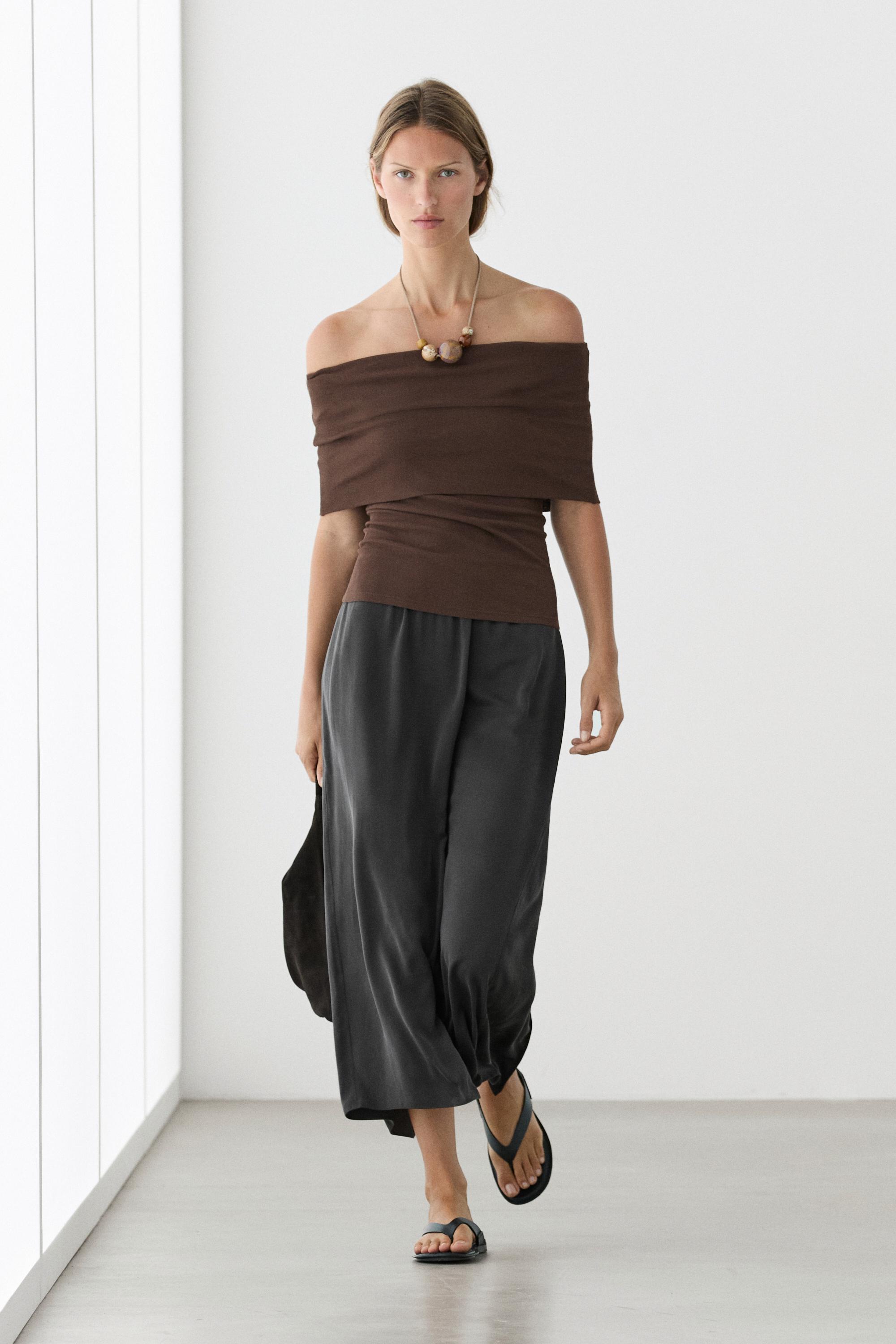 Топ Massimo Dutti Cotton Off-The-Shoulder, коричневый — фото 2