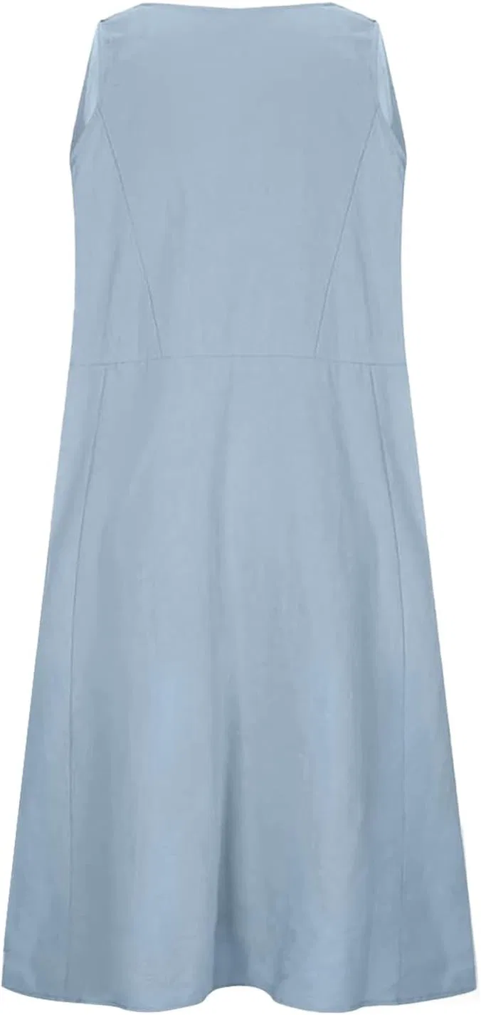 Женское повседневное платье миди из хлопка и льна, Light Blue — фото 4