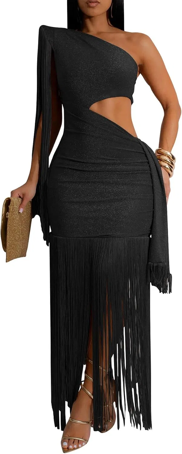Женское коктейльное платье с бахромой и вырезами One Shoulder, Black