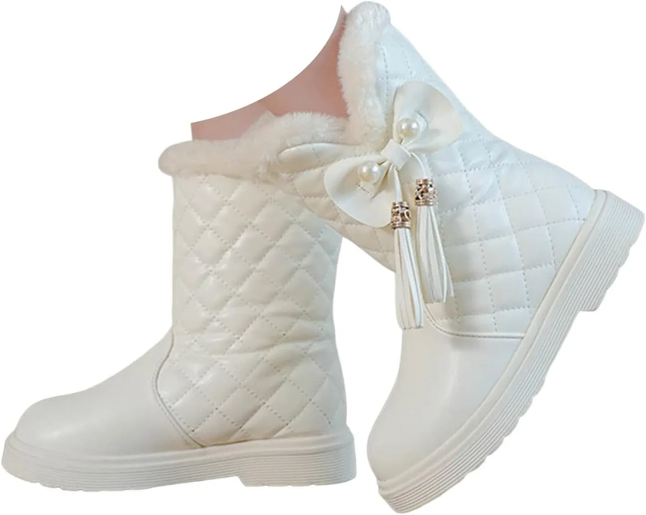 Детские зимние сапоги для девочек с бантом и кисточками, White
