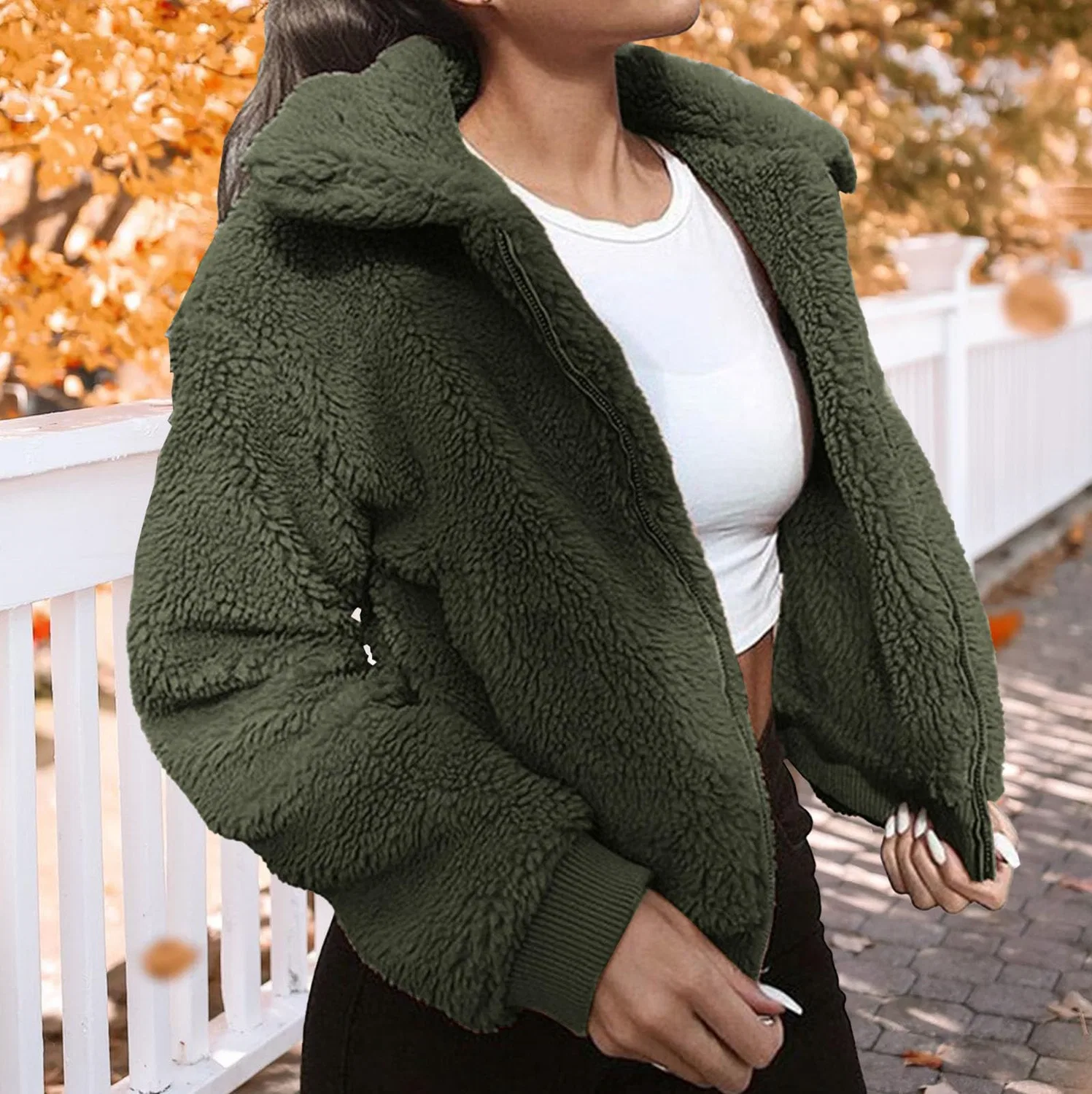 Женское зимнее пальто из искусственного меха с карманами, Army Green — фото 4