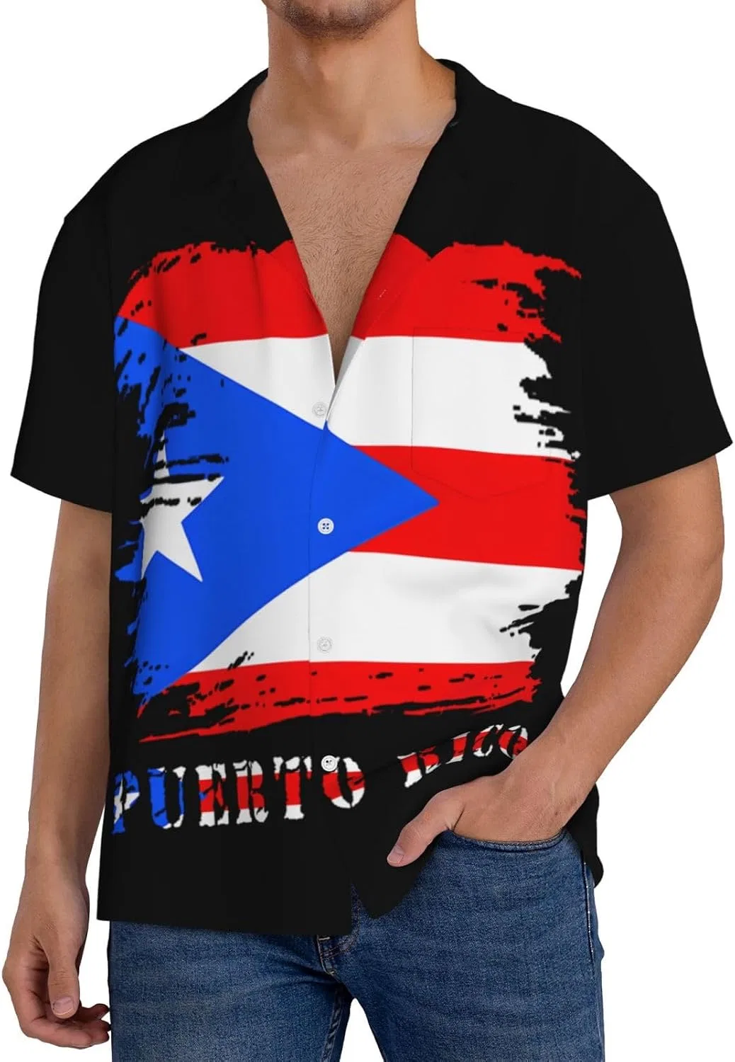 Мужская свободная рубашка с коротким рукавом и воротником-стойкой Puerto Rico Flag, Black