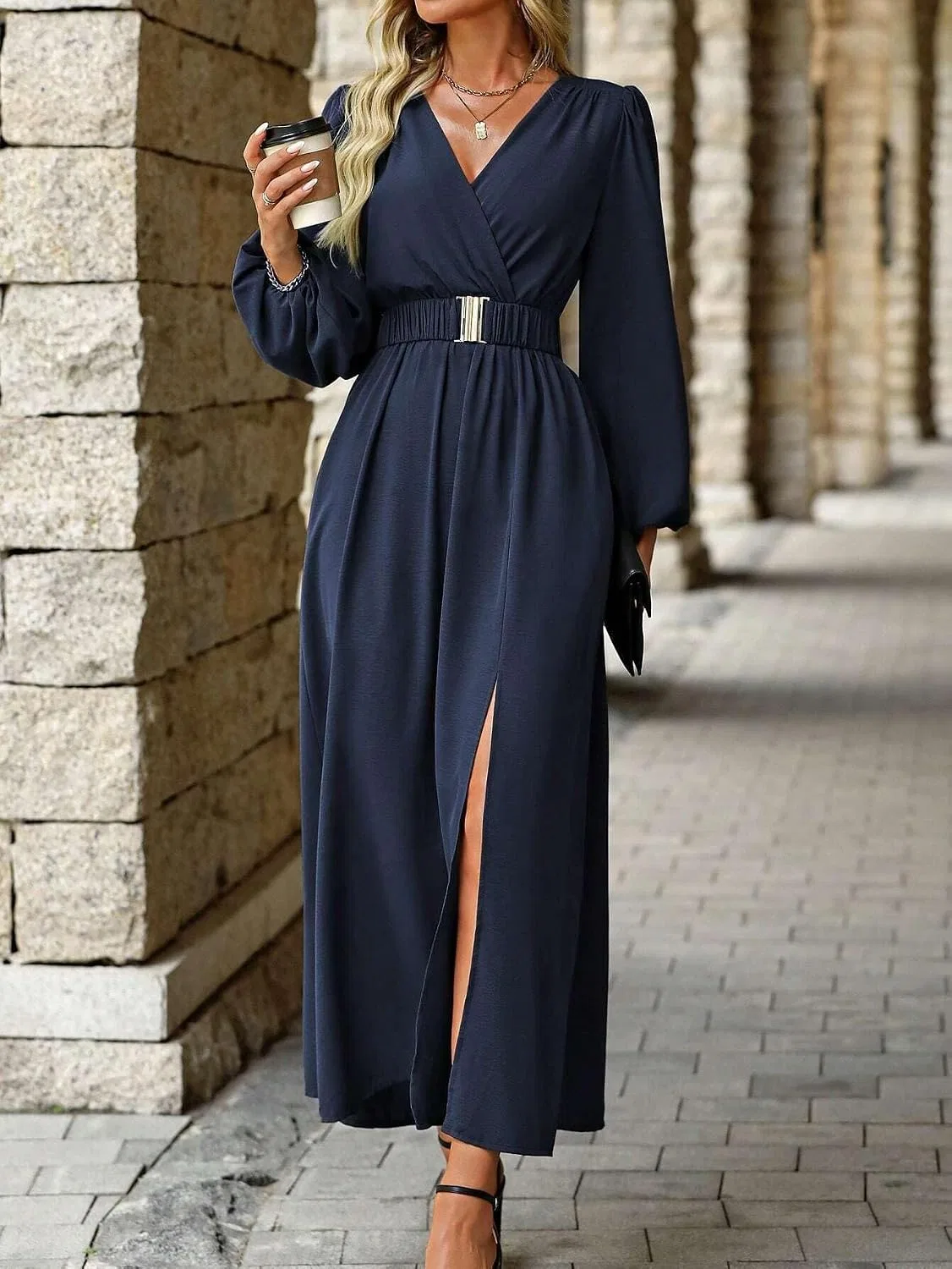 Женское повседневное платье-макси с запахом V-образным вырезом Navy Blue — фото 4