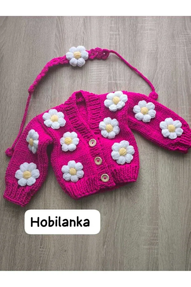 Детский кардиган для девочек с длинным рукавом Hand-Knitted baby cardigan handmade Hobilanka, Pink — фото 4
