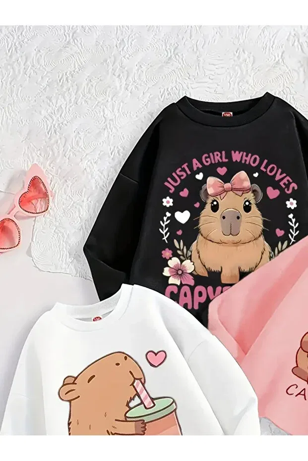 Детский комплект свитшотов для девочек Ice Cream Capybara Printed Crew Neck Sweatshirt Louisa, 1Black-White-Pink — фото 3