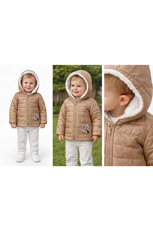 Детское пальто для девочек на молнии из плюша с капюшоном Mika Bebek & Çocuk, Beige — фото 2