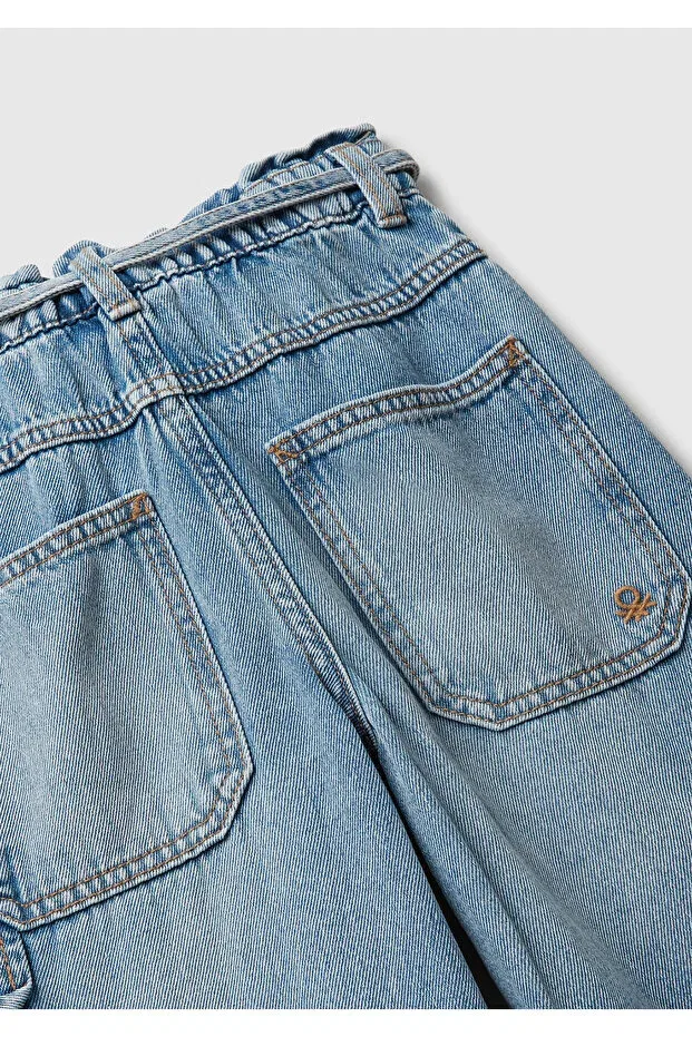 Детские брюки для девочек с широкой штаниной Girl'S dark blue tie waist cargo style wide fit denim pants United Colors Of Benetton, Dark Blue — фото 3