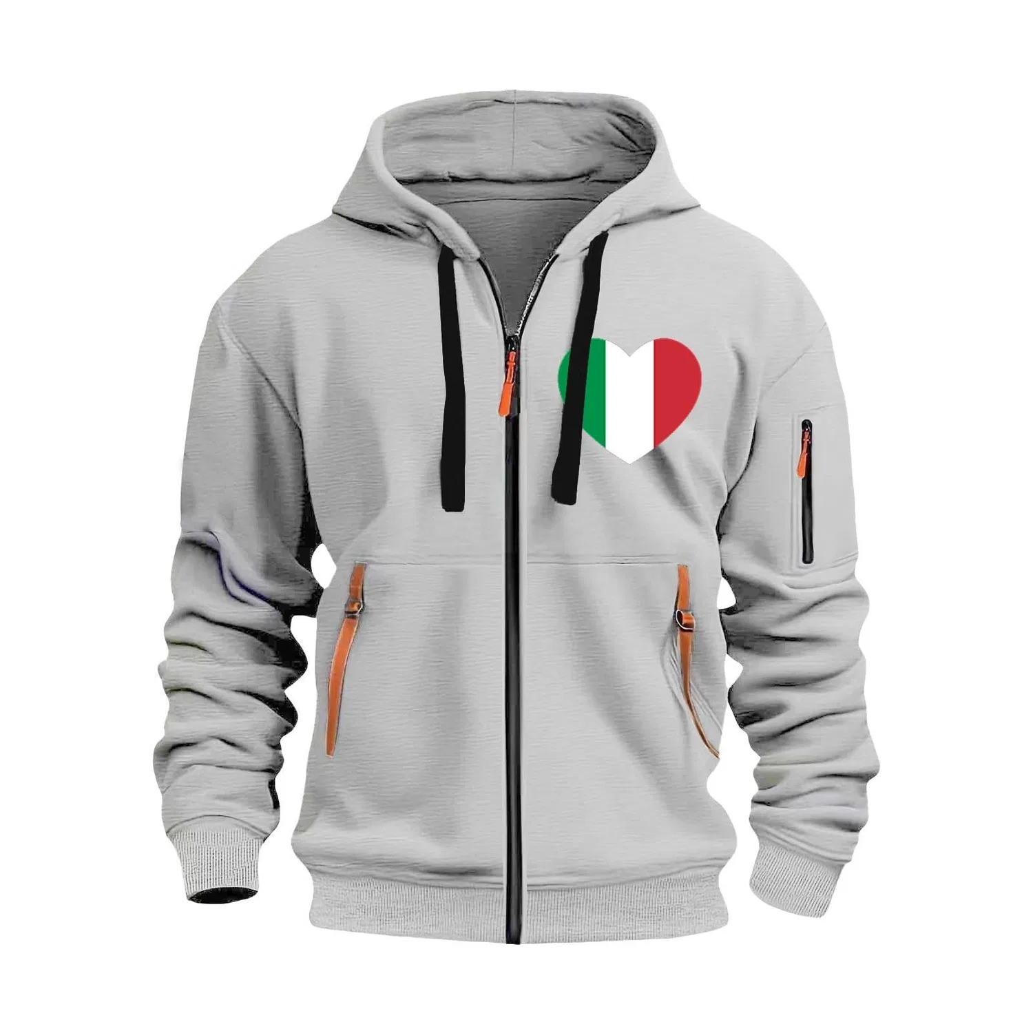 Мужское худи с капюшоном и полной застежкой-молнией с принтом Italian Flag, винтажное, с карманом, Z01-grey Uomo Quarter Zip Felpa Con Cappuccio — фото 3