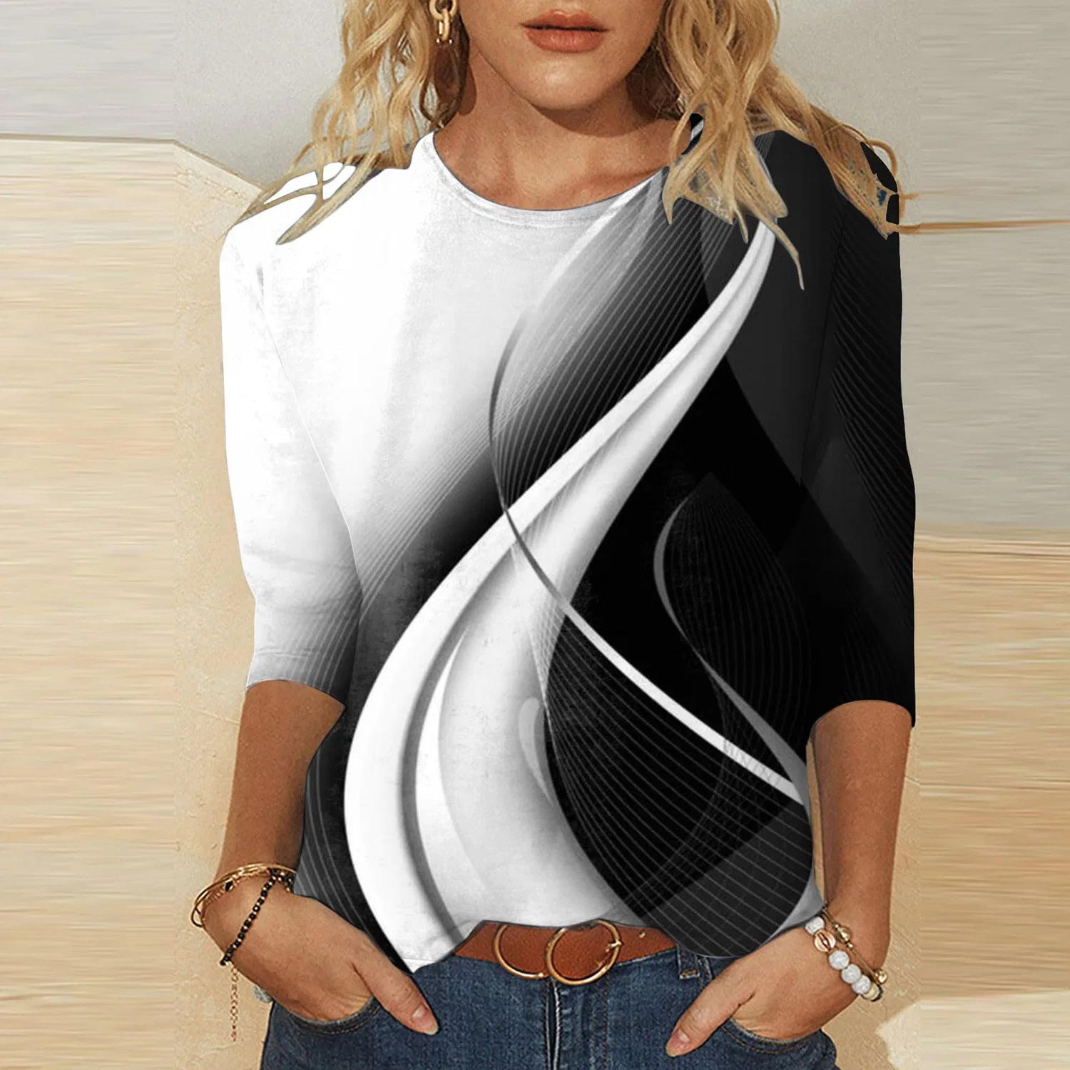 Женская футболка с V-образным вырезом Colorful Gradient Geometric Print, бренд, Black-3 — фото 2