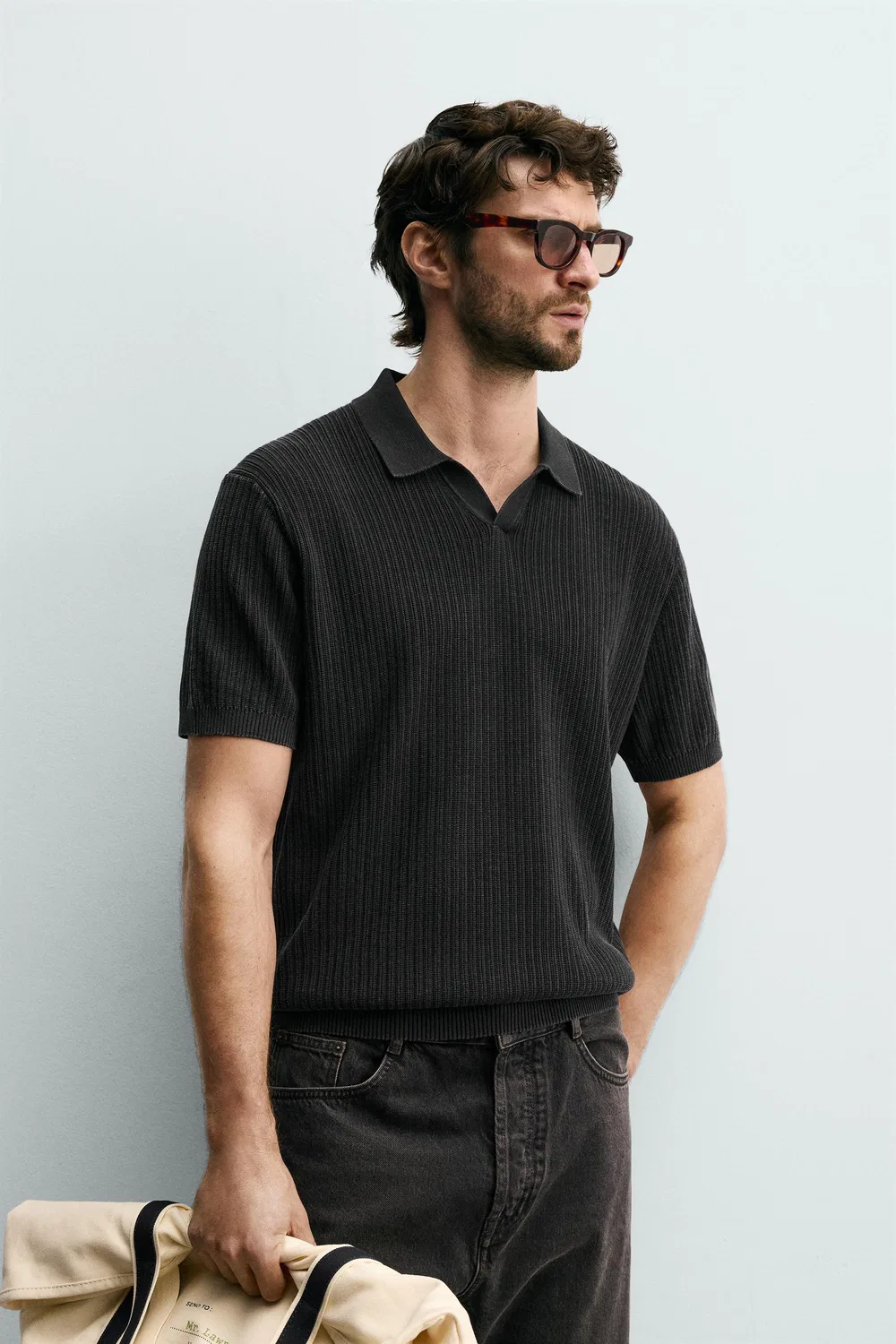 Текстурированная трикотажная рубашка-поло стандартного кроя ZARA, Faded black — фото 2
