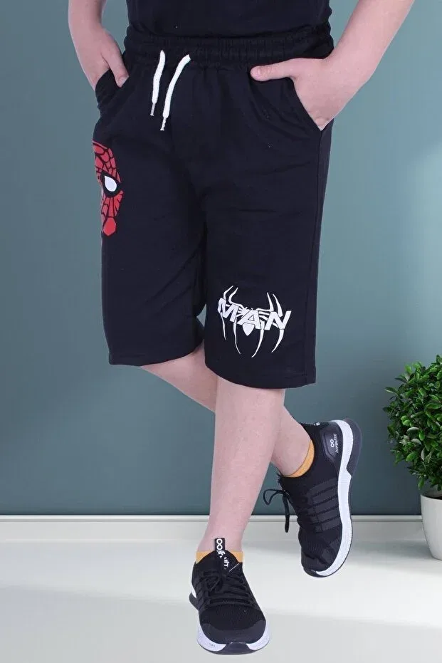Детские шорты для мальчиков с принтом Spiderman text printed wide leg cord detailed Fyk Collection, Black